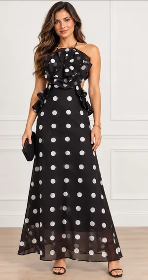 Fancy Halter Ruffle Polka Dot Maxi Dress thumbnail 1