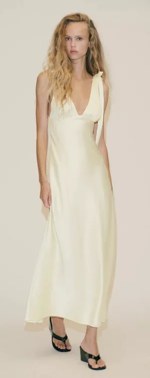 Zara Elegant butter yellow satin maxi long Dress evening party wedding thumbnail 1
