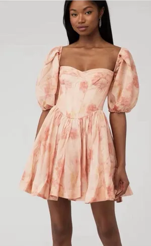 Bardot Mini Dress Size US 4 Peach Pink Kiah Balloon Sleeves Corset Sweetheart thumbnail 1