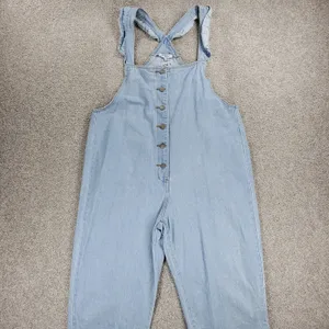 Polagram Overall Button Up Denim Jumpsuit Womens L Blue Light Wash Ruffle Straps thumbnail 14