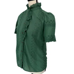 Sézane Louisah Green Organic Cotton Eyelet Ruffle Mock Neck Blouse Size 34 / 2 thumbnail 3