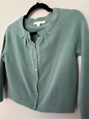 Boden 100% Cashmere Cropped Cardigan Pleated Neck Sage Green Size US 4 thumbnail 3