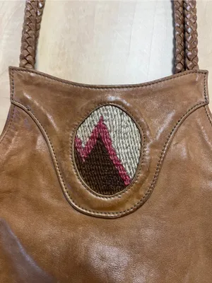 Vintage Leather Hobo Shoulder Bag W/ Woven Strap & Central Tapestry Inset thumbnail 4