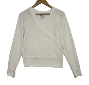Athleta Recharge Sweatshirt Womens Small Ivory V Neck Faux Wrap Soft Yoga Cozy thumbnail 1