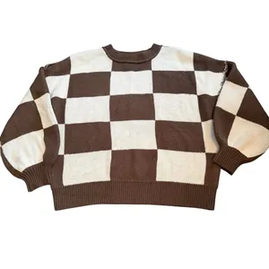 Checker Print Crewneck Sweater Brown‎ Cream Checkerboard Fall Neutral Size S thumbnail 2