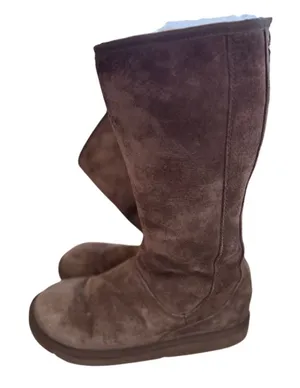 UGG Vintage Y2K Tall Knightsbridge Brown Below Knee Suede Shearling Back Zip Boots thumbnail 1