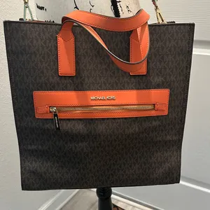 Michael Michael Kors Brown Tote with Orange Trim and Logo Print thumbnail 2