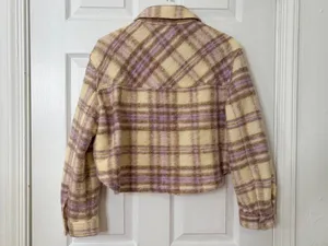 Zara Cream Purple Plaid Cropped Shacket Jacket Size S Fuzzy Cozy Fall Layer Preppy thumbnail 3