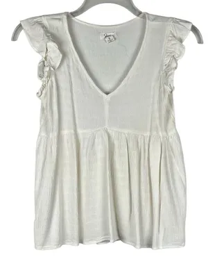 Japna 100% Viscose White Boho Cap Sleeve V-neck Peasant Top Babydoll Small thumbnail 1