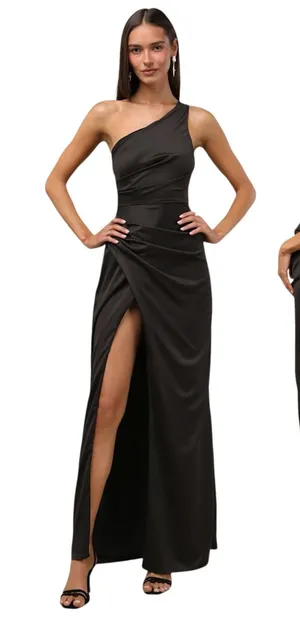 Lulus Dreaming of Elegance Black Satin One-Shoulder Maxi Dress size M NWT thumbnail 1