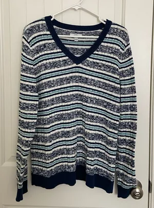 NWOT Croft & Barrow women’s blue teal striped‎ v-neck soft knit sweater large thumbnail 1