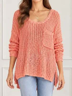 Free People Greenwich Village Sweater Sz M Coral Open Knit Oversized Tunic Boho thumbnail 1