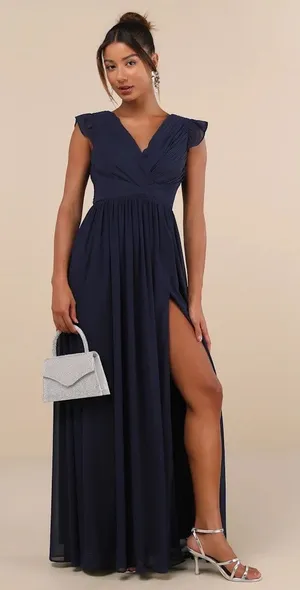 NWOT Lulus Gorgeous Goal Navy Pleated Backless Surplice Maxi Dress Wedding Sz M thumbnail 1