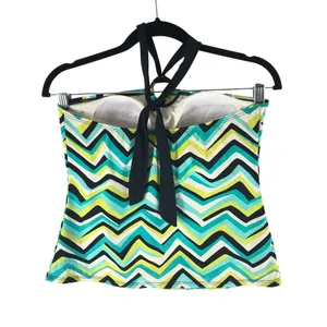 2Bamboo Tankini Top Shelf Bra Halter Chevron Striped Green M thumbnail 2
