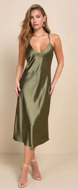 NWT Lulus Exquisitely Chic Olive Green Satin Backless Slip Midi Dress NYE Sz XXL thumbnail 1