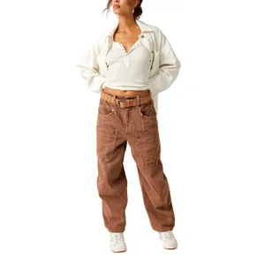 Free People We The Free New School Warm Brown Relaxed Straight Leg Cargo Jeans thumbnail 4