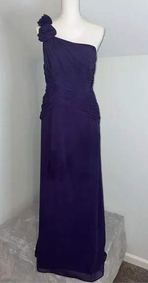 David's Bridal Women’s Wedding Guest Party Gown Bridesmaid One shoulder Dark Purple 10 thumbnail 1