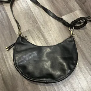 Anthropologie Black Faux Leather Hobo Bag with Metallic Hardware thumbnail 4