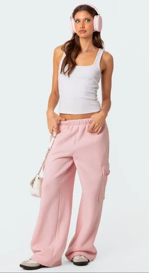 Edikted NWT Baby Pink Wide Leg Cargo Sweatpants (S) thumbnail 1