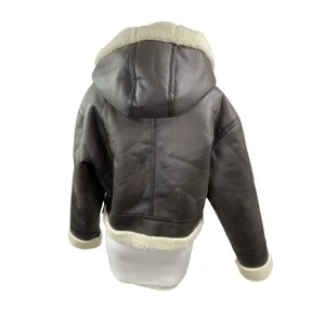 Stradivarius Women's Brown Fleece Sherpa Hoodie Full Zip Faux Leather Jacket L thumbnail 4