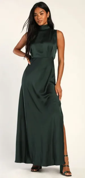 NWT Lulus Classic Elegance Green Satin Sleeveless Mock Neck Maxi Dress Size M thumbnail 1