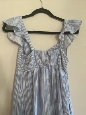 100% Cotton Blue White Striped Midi Dress XS Euro Summer Coastal Resort Beach thumbnail 7