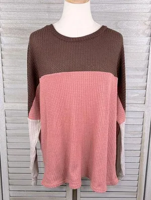 Waffle Knit Color Block Long Sleeve Tee Brown, Pink, Taupe-Large thumbnail 1