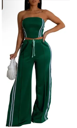 NEW 2 Pc Outfit Strapless Striped Crop Top & High Waist Wide Leg Pant S thumbnail 1