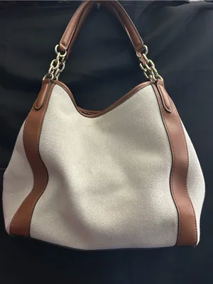 Nine West Cream Canvas Shoulder Tote Boho Bag with Brown Trim thumbnail 7