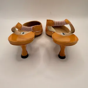 Manolo Blahnik Carolyne Orange Patent Leather Slingback Kitten Heels Size 36.5 thumbnail 7
