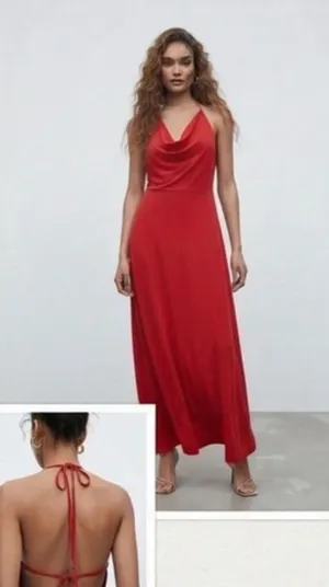 Zara Red Cowl-Neck Halter Maxi Dress thumbnail 1