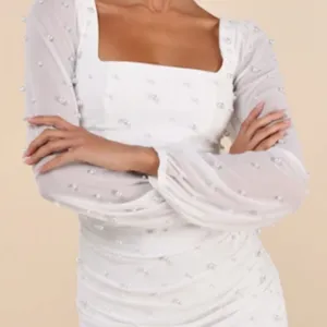 LULUS Bridal Bachelorette Engagement Bridal Shower Sexy Pearls Long Sleeve Mini thumbnail 5