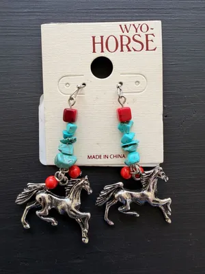 Silver Western Cowgirl Horse Drop Earrings with Turquoise and Coral Stone Beads thumbnail 2