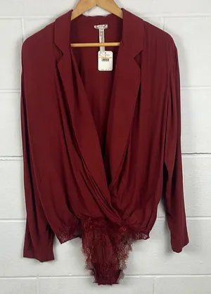 Free People Elsa lace inset deep vneck long sleeve oversized terracotta bodysuit thumbnail 1