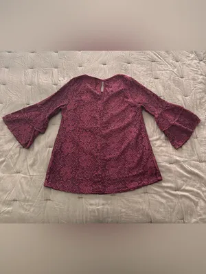 Floral Lace Bell-Sleeve Blouse in Maroon thumbnail 2