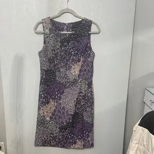 Connected Apparel Womens Sheath Dress Purple Grey Feather Print Size 10 thumbnail 2