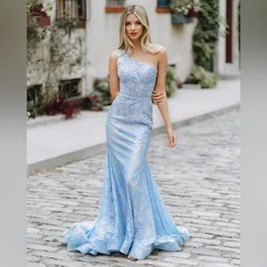 Mac Duggal 48910 Womens Blue One Shoulder Lace Trumpet Gown Dress thumbnail 3
