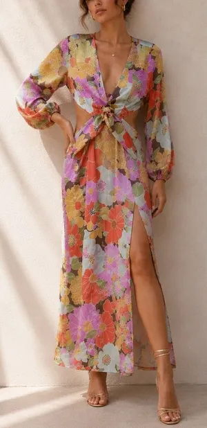 Y.A.S‎ Josephine Long Sleeve Cut Out Maxi Dress Floral Retro Mod Twist Front M thumbnail 1