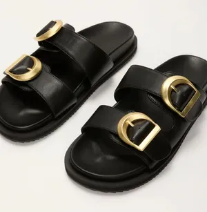 Seychelles Black Double-Buckle Slide Sandals with Gold Buckles thumbnail 1
