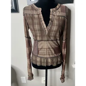 Free People Brown Plaid Mesh V Neck Long Sleeve Medium Tee Lettuce Edge‎ thumbnail 7