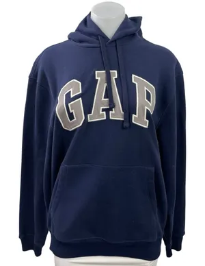 NEW Gap Women's Navy Blue Gray Logo Embroidered Hoodie Hooded Sweatshirt Size S thumbnail 1