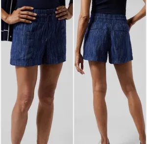Athleta Cabo 100% Linen Drawstring Textured 4" Shorts Size: 4 Blue thumbnail 2