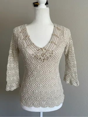 Wet Seal Beige Crochet V-Neck Knit Top thumbnail 1