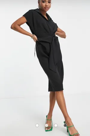 ASOS DESIGN Black Short Sleeve Knot Front Midi Dress US 14 V-Neck Collar thumbnail 1