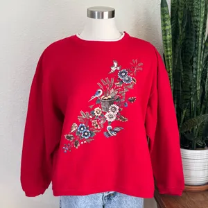 Vintage Red Floral Bird‎ Sweatshirt Cozy Fall Grandma Core Pullover XL thumbnail 6