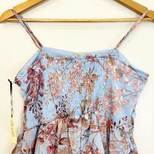 Liberty Love Blue Floral Tiered Ruffle Mini Dress Whimsical Boho Chic Size L thumbnail 4
