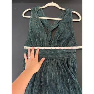 Lulus Mini Dress Womens Size M Teal Blue Silver Metallic Pleated V-Neck Great thumbnail 6