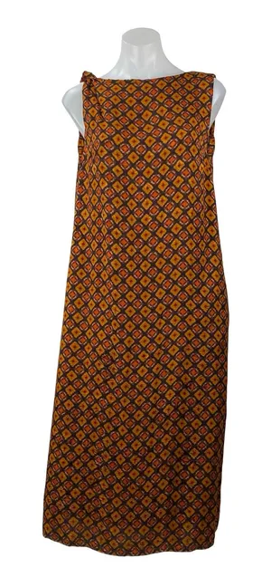 Women's Brown 100% Silk Geometric Sleeveless Bateau Neck A Line Midi Dress 12 thumbnail 1