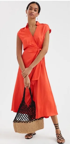 Anthropologie Maeve Open-Back Satin Wrap Midi Dress Orange Small Resort Wear thumbnail 1