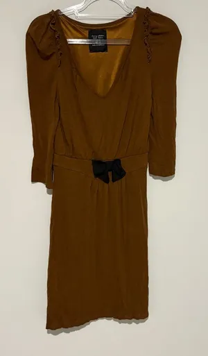 Zara 3/4 Sleeve V Neck‎ Ruffle Dress Black Bow brown size small thumbnail 1